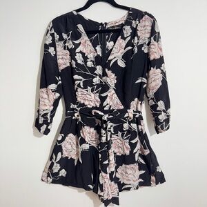 Yumi Kim Black Floral Silk Wrap Romper‎ Medium